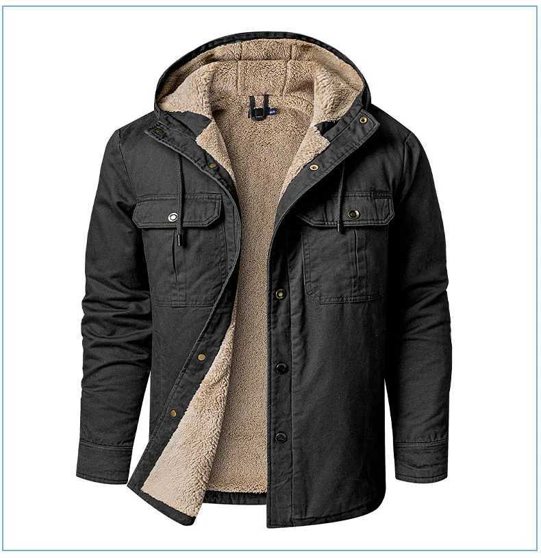 Winter Mens Jacket Lining Lamb Wool Warm Hooded Cotton Shirt Thickened Shirt High Quality Warm Parka Winter Jacket US SizeXJ241017