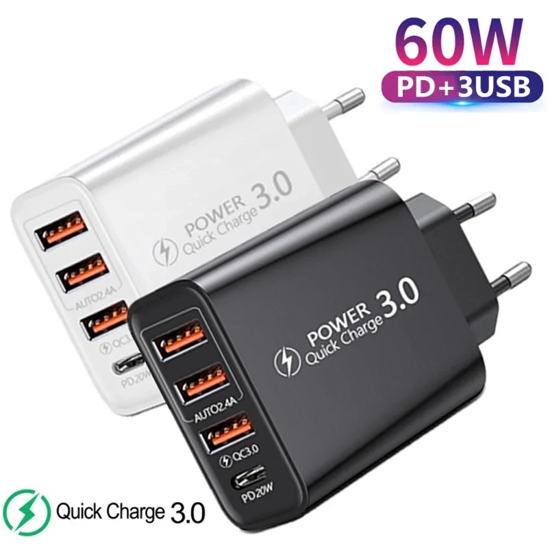 60W USB-C Wall Charger Type C + 4 Port USB Fast Charging Mobile Phone Charger PD Quick 3.0 Charge EU/US Plug Power Adapter For iPhone Xiaomi Samsung H