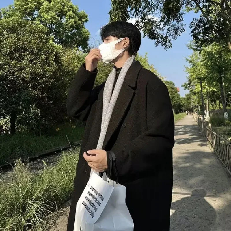 Medium-length Woolen Overcoat For Men Black Autumn Winter Thickened Jacket Trendy Korean Style Casual Clothes 241017