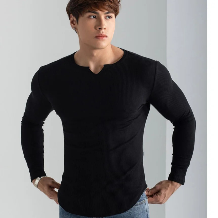 Men Summer Slim Fit Fashion Long Sleeved Top Fitness Motion Hip Hop Streetwear Running And Fitness V Neck Trend Top 241017