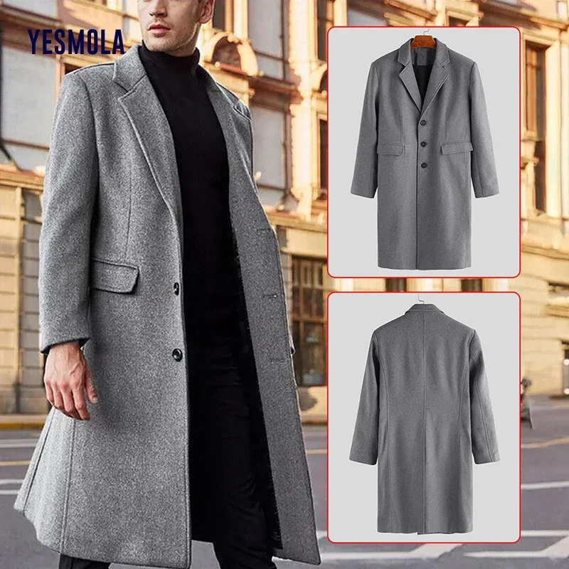 YESMOLA Autumn Winter Mens Coat Solid Long Sleeve Woolen Jackets Fleece Men Overcoat Streetwear Fashion Long Trench Outerwear 241017