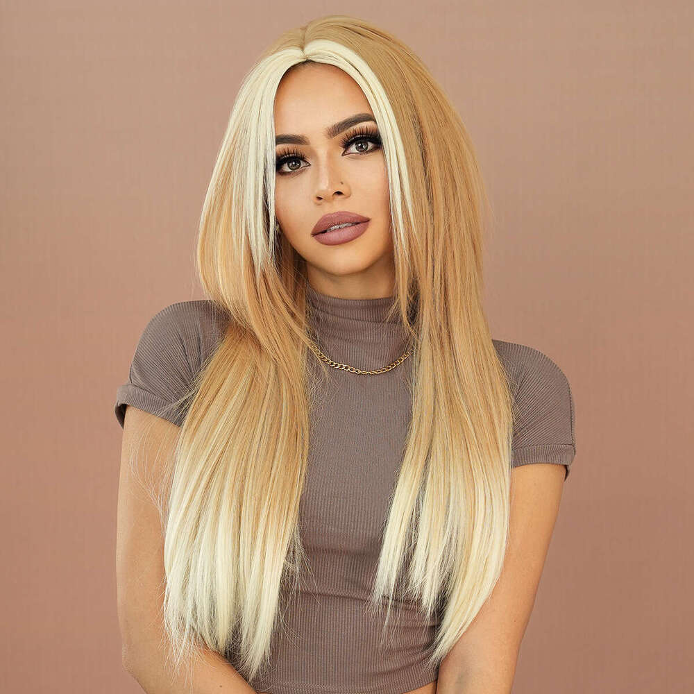 Ladies' Fashion Skunk Striped Milk Tea Gilded Layer Second Length Straight Hair Crossdye Gold Fiber Mechanism Wig