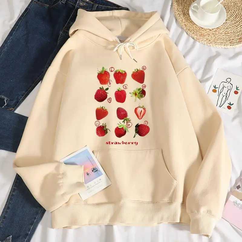 Complete Strawberries Printing Female Sport Shirts Leisure Thick Hoodie Sporty Drawstring Pocket Sportwear Versatile Comfy TopsX241016