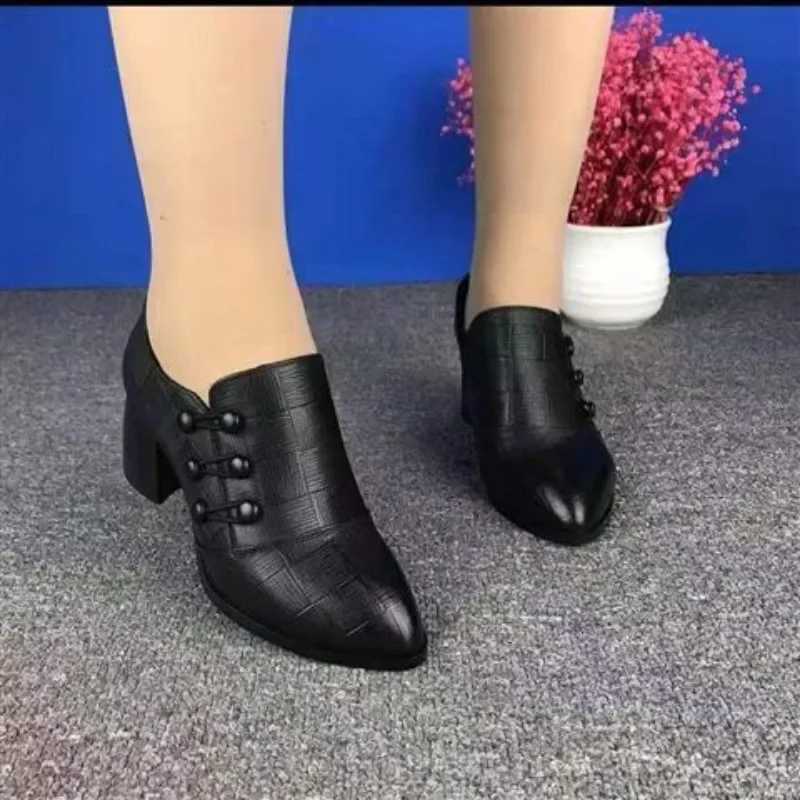 Autumn New High Heels Soft Leather Breasted Low Heeled Shoes Dress Womens Pointed Toe Shoes Retro Mom Shoes Zapatos Mujer Y241017