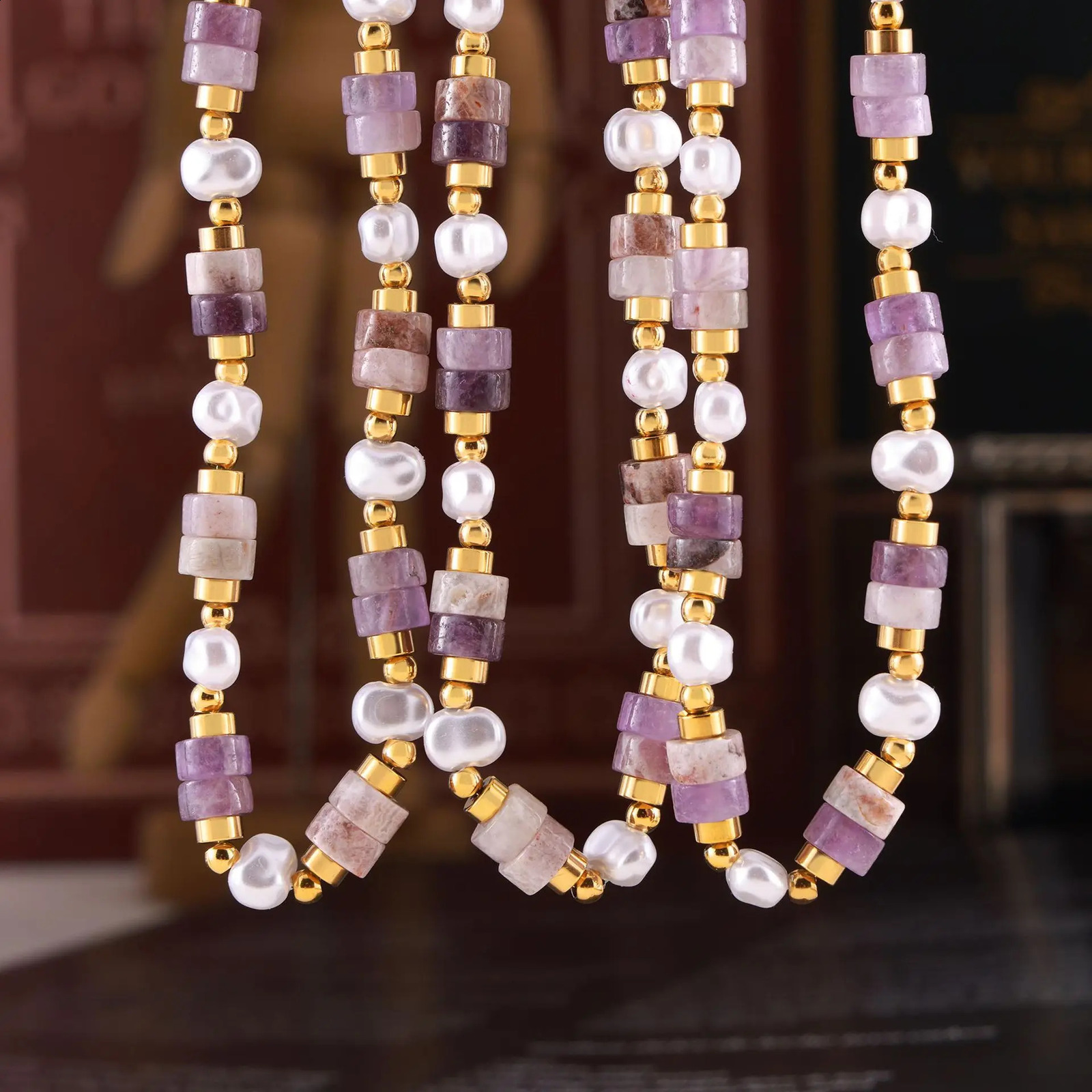 Bohemian amethyst necklace womens stainless steel bead chain s pearls womens necklace charm jewelry 241017