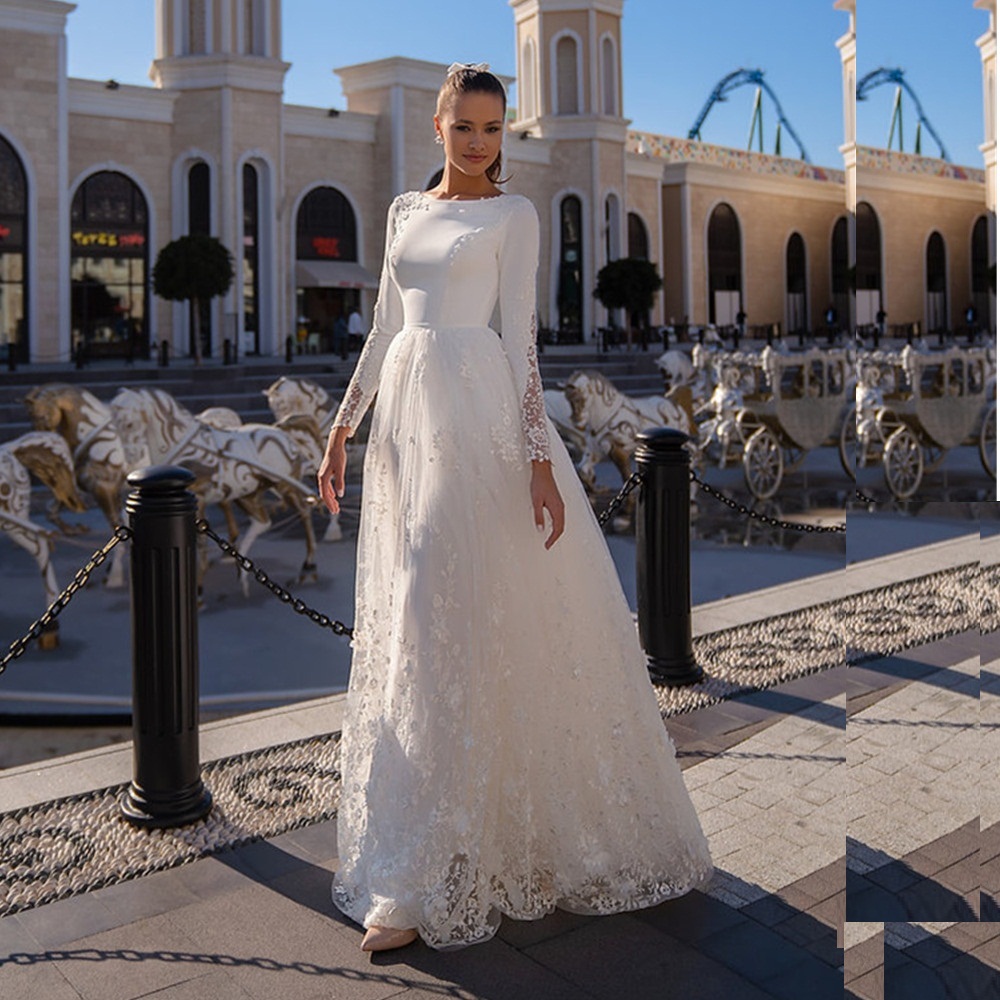Exquisite O-Neck Lace Long Sleeve Wedding Dress Button Back Satin And Tulle Bridal Gown With Appliques Civil Vestidos De Noiva