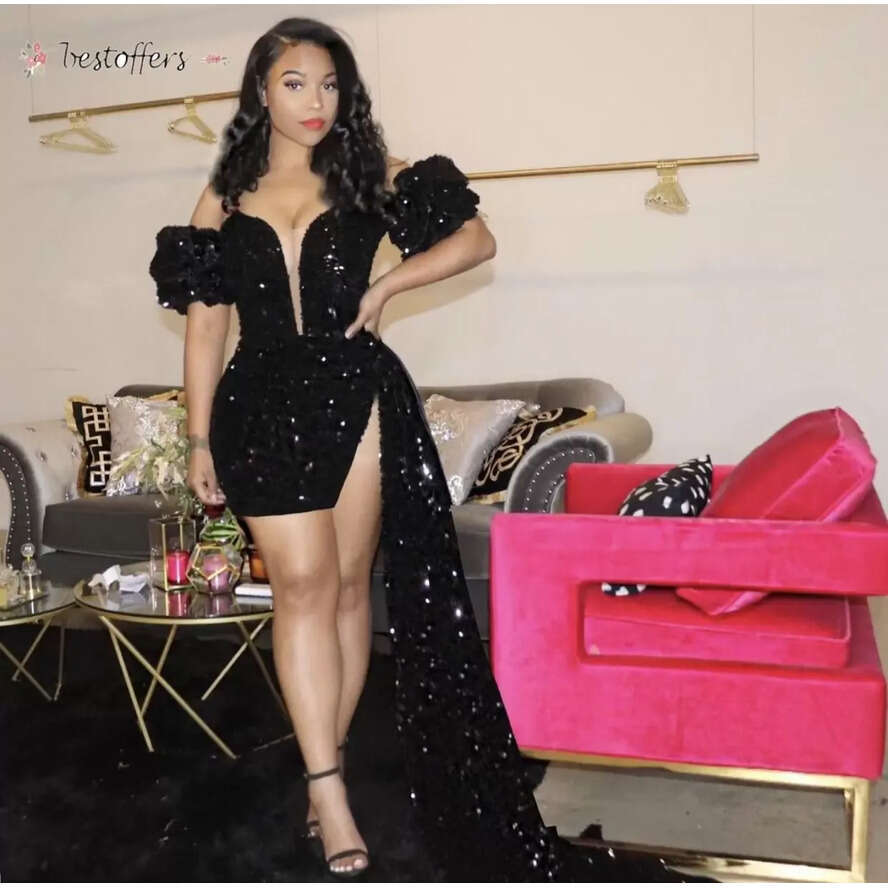 Prom Black 2022 Sparkg Dresses Backless Evening Gown Pageant Women Sexy Short Party Wear Long Trail High Split Abiye Dubai Gowns Bury Pro232 s