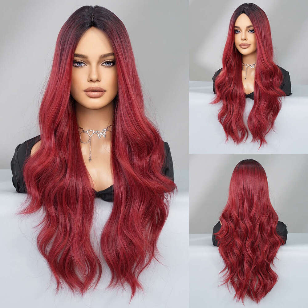 Ladies' Wig Rose Long Curly Hair Big Wave Synthetic Nized Headset Ombre Red Wigs