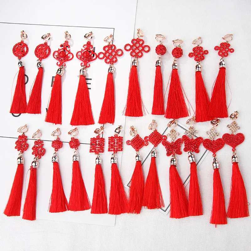 Chinese style red tassel pendant earrings womens fashion ethnic geometry charm clip on jewelry party gifts W241017
