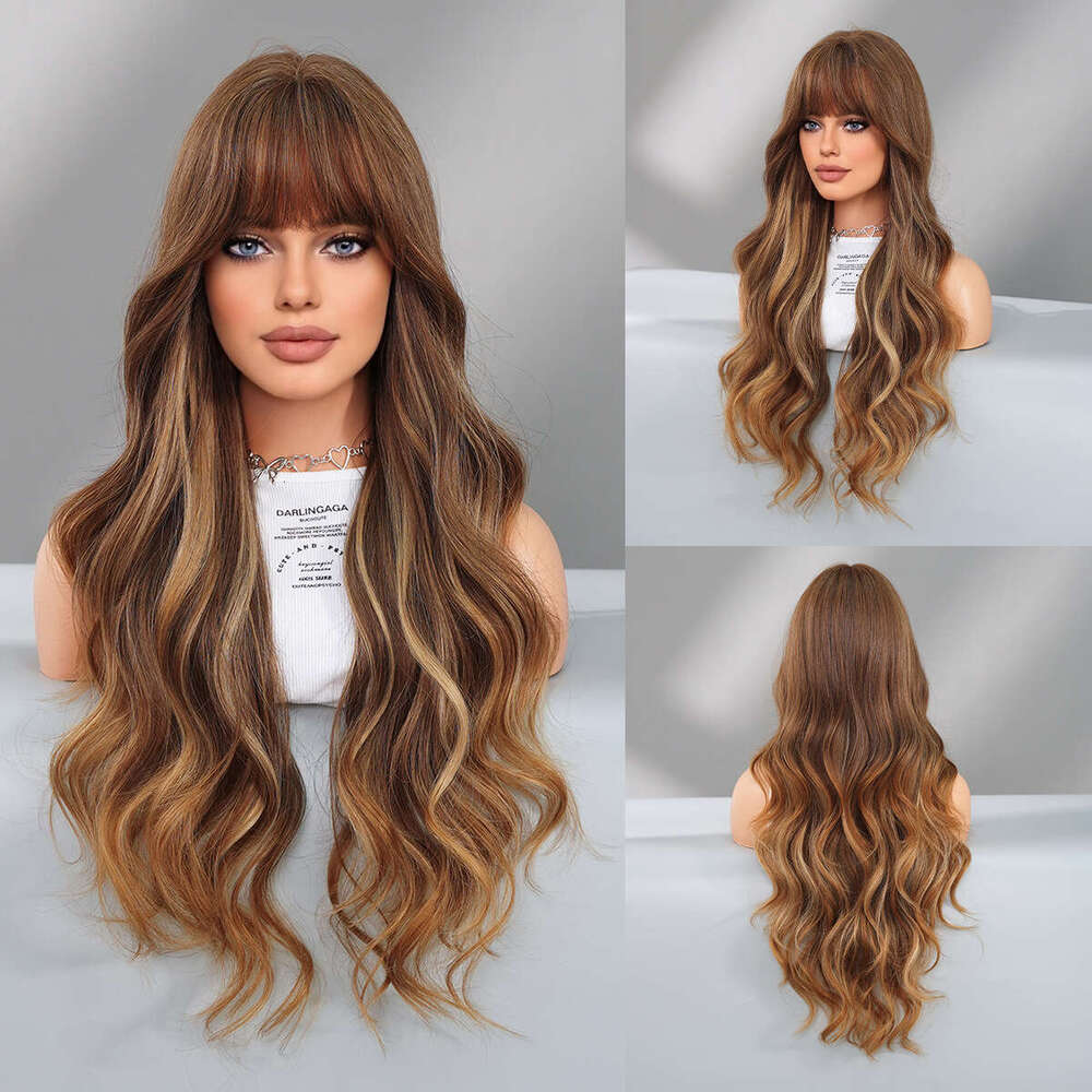 Wig New Gold Spot Dyed Long Curly Hair With Big Wave Bands And Liu Hai Chemical Fiber Head Cover Wavy Wigs