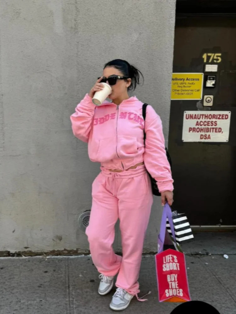Autumn Womens Sweatshirt Suit Fashion Short Zipper Hooded Cardigan Jacket Trouser 2 Pieces Set Female Casual Jogging Outfit 241010