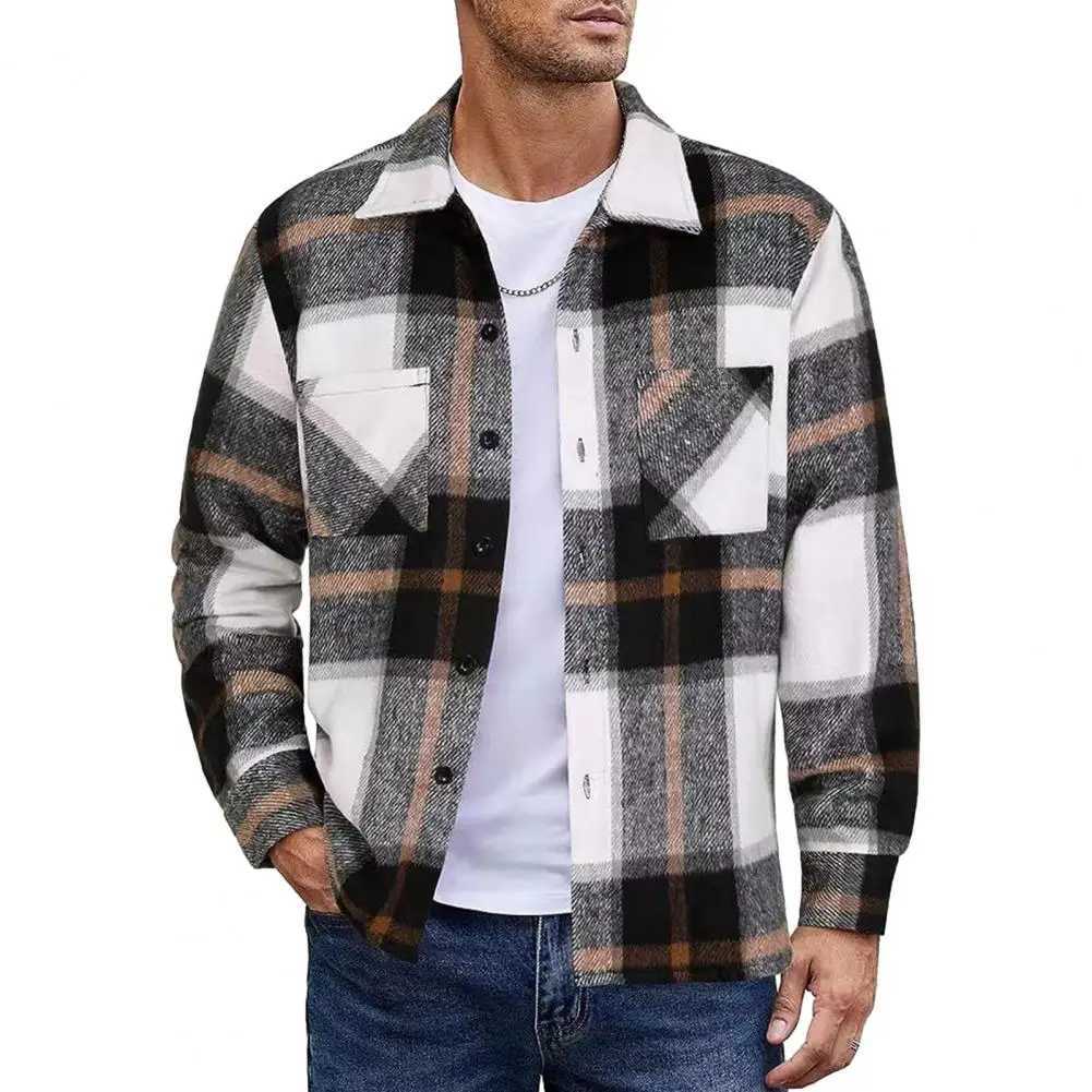 Men Vintage Shirt Jacket Mens Plaid Print Shirt Coat Casual Button Down Jacket with Long Sleeve Fleece Shacket for Autumn LX241017