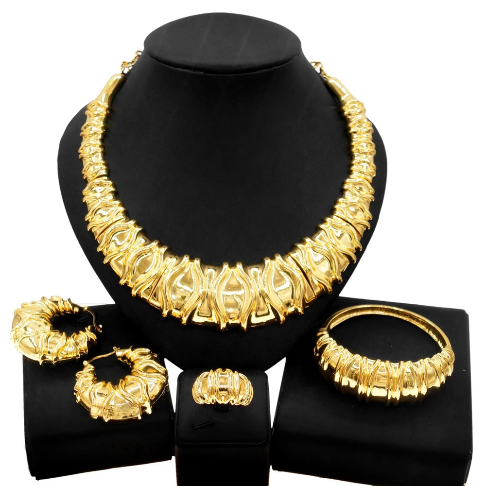 Fashion Dubai Gold Plated Women Jewelry Italian Style Big Necklace Banquet Festive Earrings Ring Accessories 241007