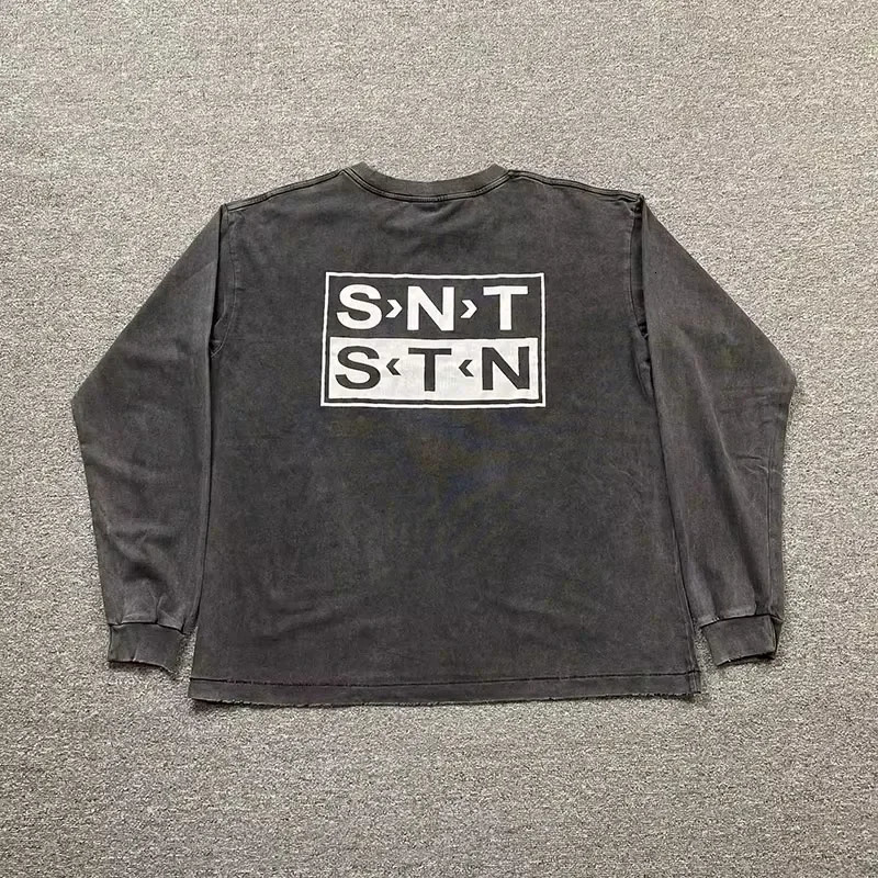 Casual Washed Saint Long Sleeve Tee Men Woman 1 fw Quality Vintage Letter Printing Damaged High Street Top 241016