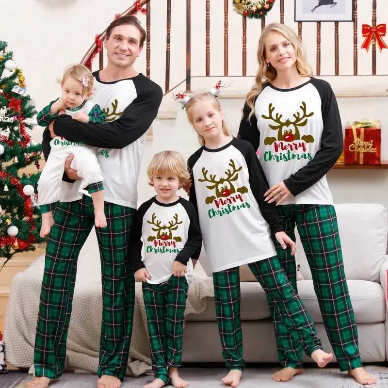 Christmas Set Spring and Autumn Family Matching Pajama Set Christmas Tree Printed Green Checkered Pants 2-piece Set Pajama Set E105 W241015