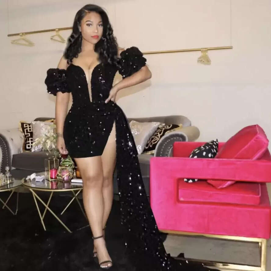 Year's Sparkg Black New Prom Dresses Backless Evening Gown Pageant Women Sexy Short Party Wear Long Trail High Split Abiye Dubai Gowns With Bury 