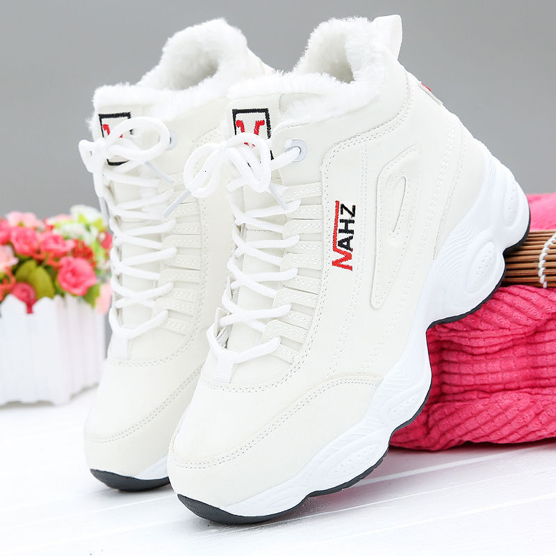 Cotton winter with velvet, high top fashionable casual flat white women, thick soled sports shoes for female students