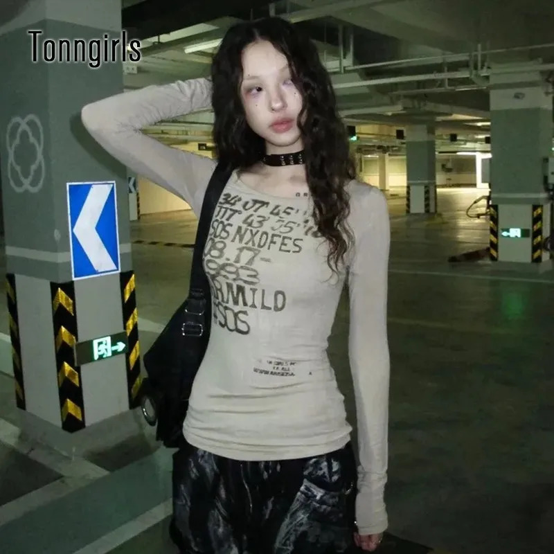 Tonngills Y2k Retro T-shirt Womens Printed Letter T-shirt Top Tight 2000s Japanese Autumn Street Clothing Folded Top Fairycore T-shirt 241017