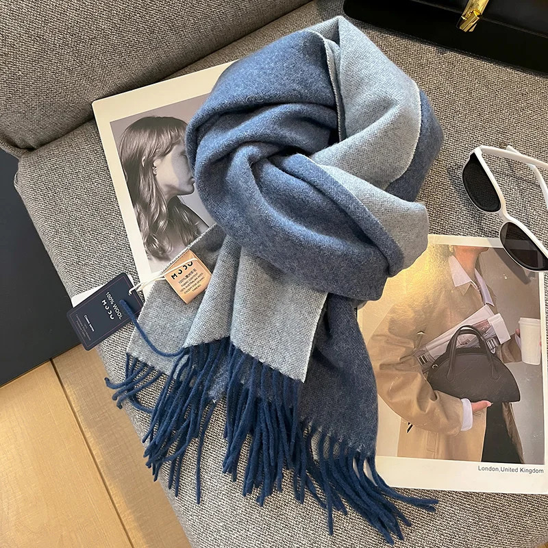 100% wool scarf womens British style Tatar solid cashmere with tassels winter warm neck 241009