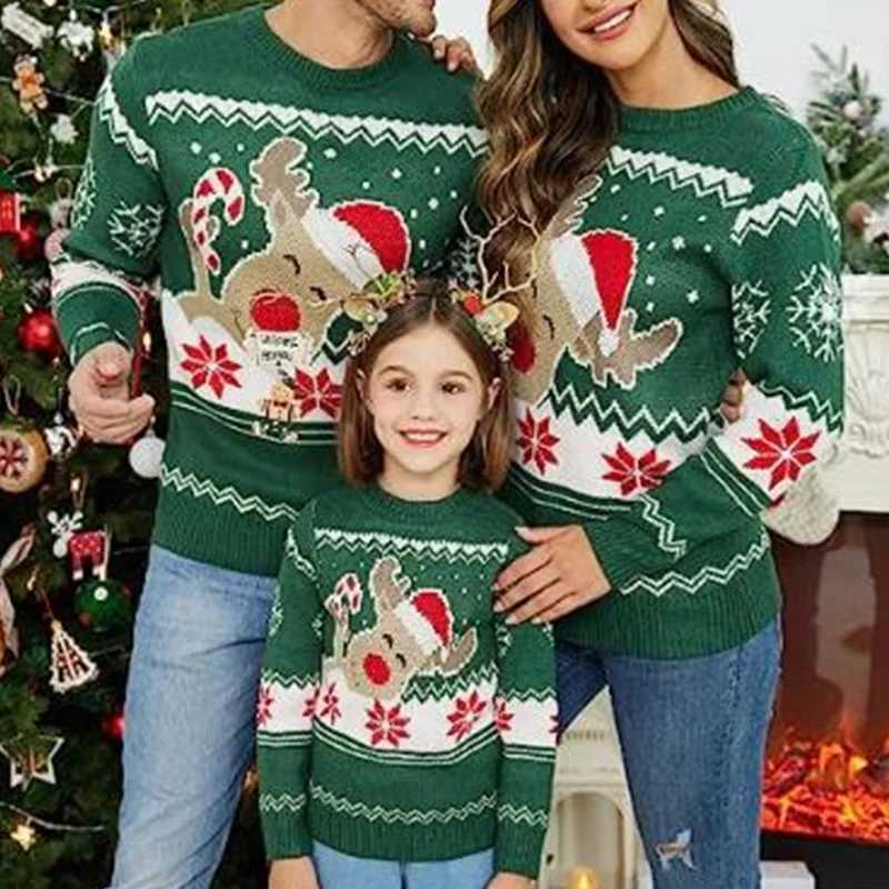 Lamuusaa Christmas Sweater Family Match Adult and Children Cartoon Deer Print Round Neck Long Sleeve Pullover Top Fashion Street Clothing W241015