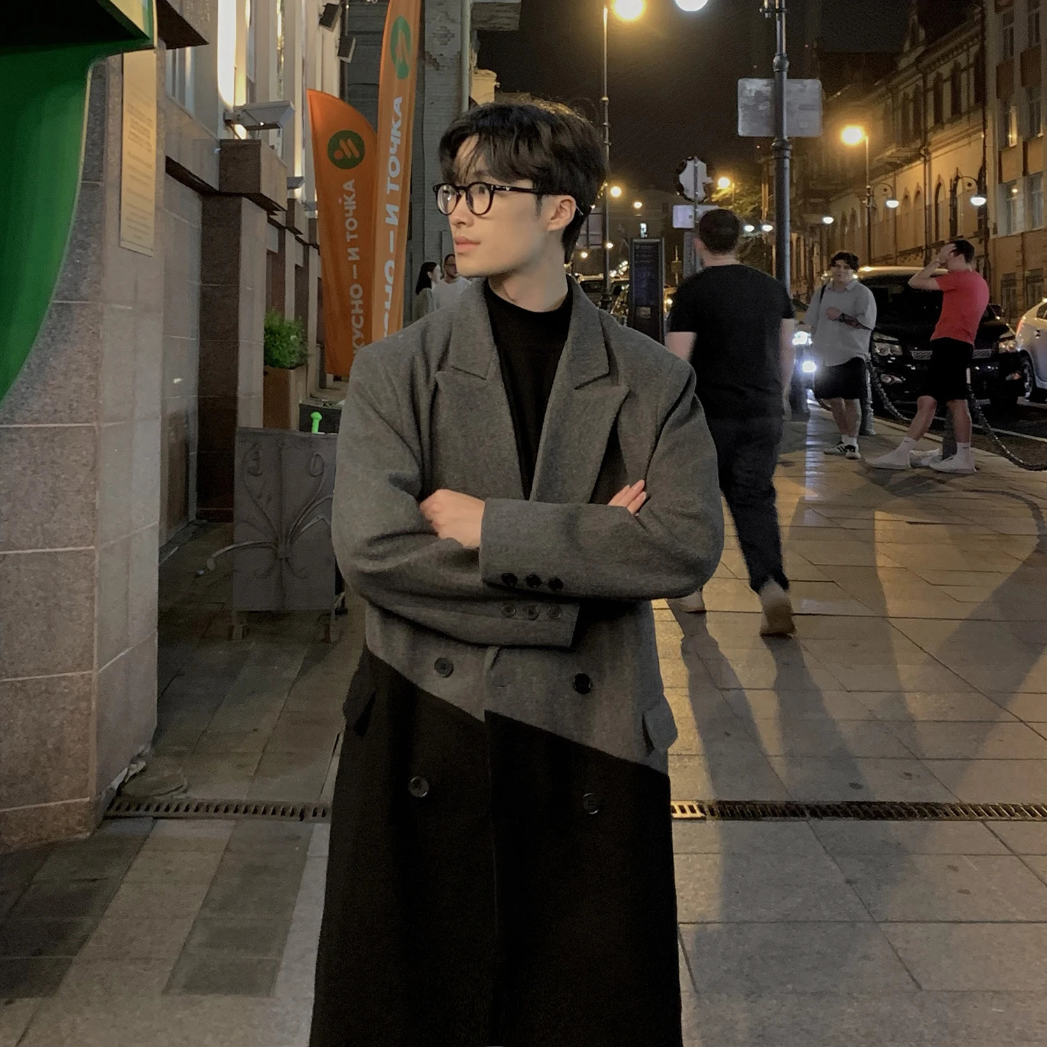 2024 Autumn Winter Korean Long Woolen Trench Coat Men Fashion Black Gray Contrast Color Patchwork Windbreaker Overcoat 241017