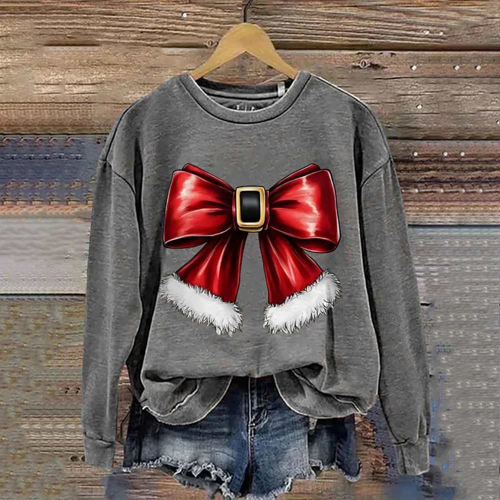 Womens Casual Sweatshirt Christmas Bow Print n Autumn Thin Girls Gift Holiday Premium Hoodie 241017
