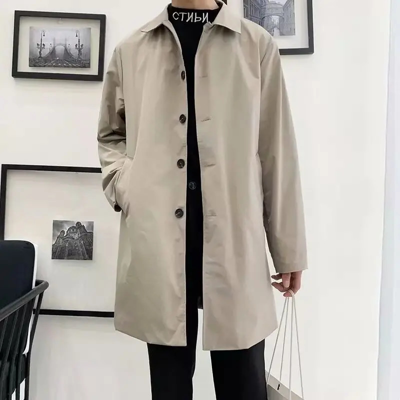 Spring Autumn Mens Single-breasted Trench Medium-length Trendy Loose-fit British Style Korean Version Trendy Jacket 241017