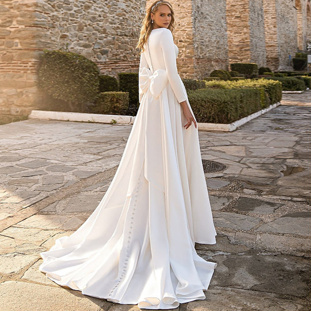 Satin Wedding Dress Muslim Bridal Dresses 2024 Long Sleeve Sweep Train A Line Bride Gown Robe Mariee Vestidos De Novia