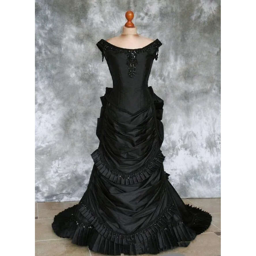 Taffeta Gothic Black Beaded Victorian Bustle Gown With Train Vampire Ball Masquerade Halloween Wedding Dress Bc2634
