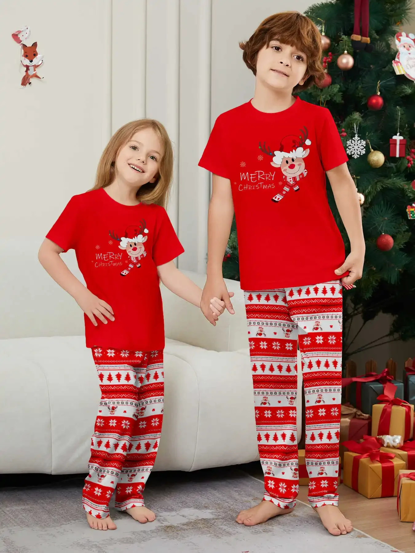 Xmas Family Look Pyjamas Cartoon Print Short Sleeve TShirtTrousers 2pcs Loungewear Christmas Matching Pajamas Set Baby Romper 241017
