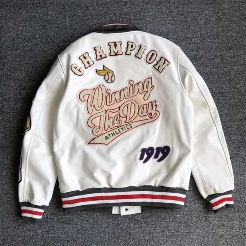 Mens Spring and Automatic Baseball Uniform Y2K Retro Trend Leather Jacket Heavy Industry Embroidered White Short Coat Hot Selling M241017