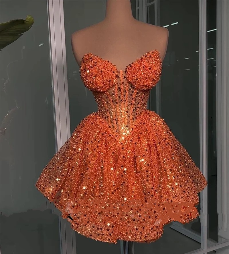 Orange Glitter Short Prom Dresses Beads Sequins Pearls Women Homecoming Birthday Party Gowns Robe De Soiree