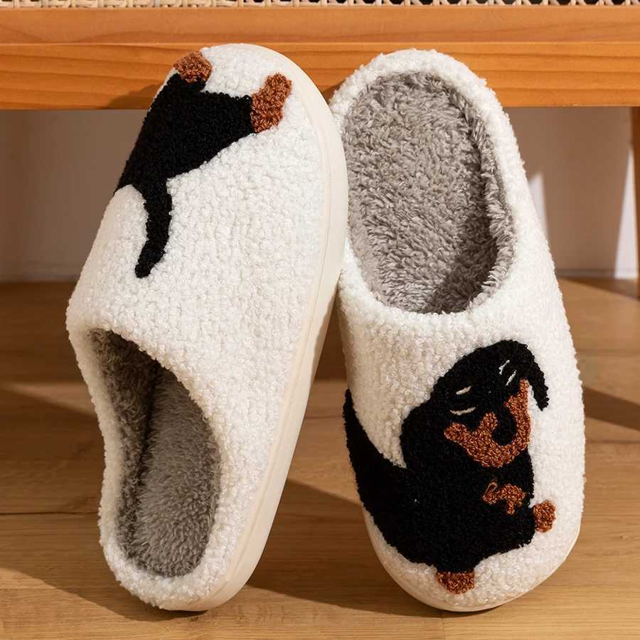 Winter womens slippers cute and interesting cartoon little black dog indoor warm and comfortable family bedroom soft plush shoesCL241017