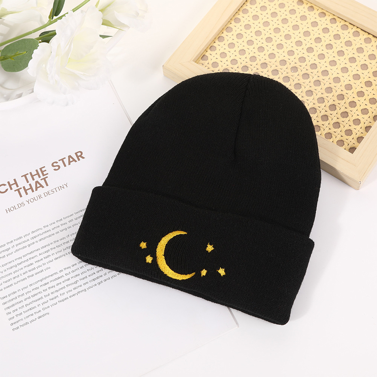 Europe-America Style Knitted Woolen Hoodie Cap Featuring Stars & Moons