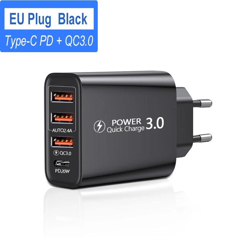 60W USB-C Wall Charger Type C + 4 Port USB Fast Charging Mobile Phone Charger PD Quick 3.0 Charge EU/US Plug Power Adapter For iPhone Xiaomi Samsung H