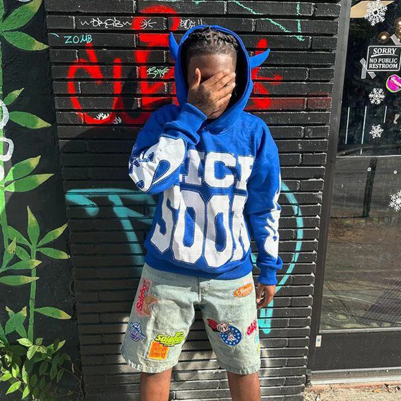 Funny Rhinestone Print Hoodie Y2K Aesthetic Fashion Retro Horn Long Sleeved Hooded Sweatshirt Women Men Clothing Kpop Street Top 241017