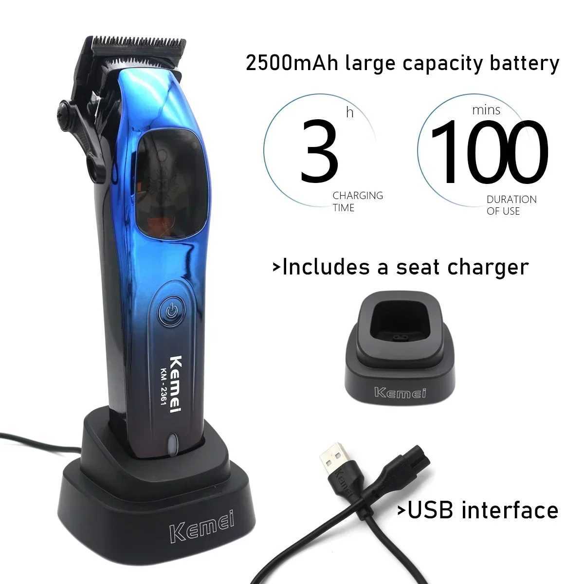 Kemei High Speed Magnetic Motor Professional Hair Clipper 10000RPM Cordless Electric Hair Clipper W241017