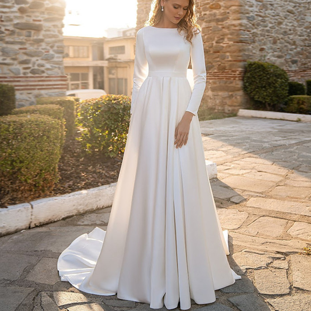 Satin Wedding Dress Muslim Bridal Dresses 2024 Long Sleeve Sweep Train A Line Bride Gown Robe Mariee Vestidos De Novia