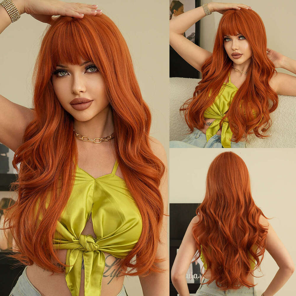 Wig Headband With Bangs, Long Curly Hair, Rose Net Synthetic Wig, Dark Orange Wigs