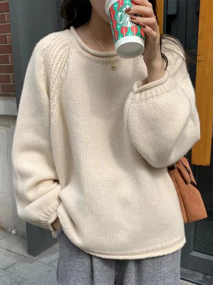Knitwear Pulleys Womens Kawaii Loose Pure Soft Unique Sweater Korean Style Gentle Girl O-Neck Full Match Autumn Fashion Retro 241017