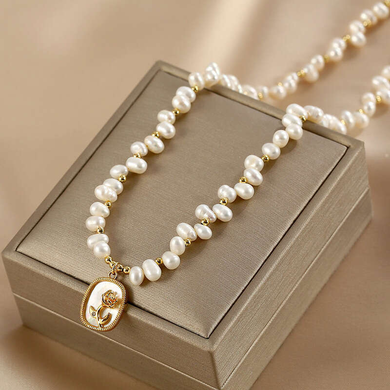 Natural necklace women's rose mirror geometric pendant starry sky natural pearl necklace light collarbone chain