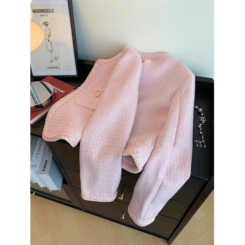 MEXZT Elegant Tweed Jacket Women Sweet Cropped Pink Coat Winter Korean Single Breasted Blazer Ladies Vintage Short Outerwear 241017