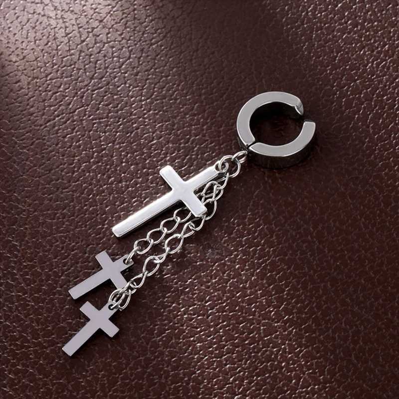 Kiss Jewelry Punk Titanium Steel 3 Cross Tassel Drip Earclip Stud Earnail Mens Silver Black Gothic Perforated Earring W241017