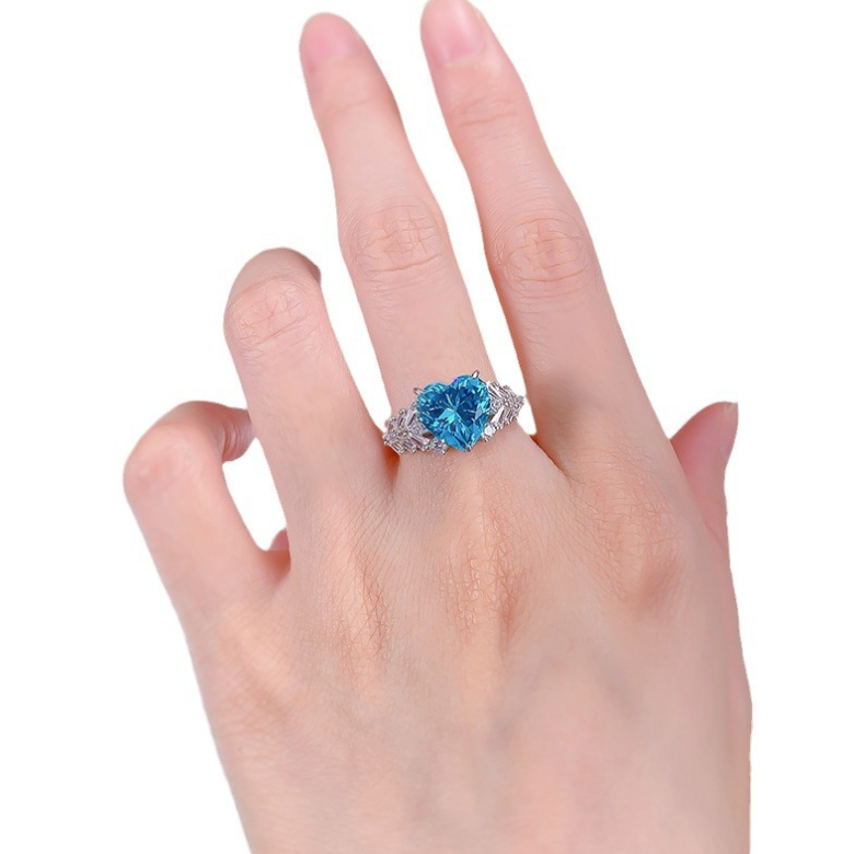 Unique Sterg Sier Aquamarine Moissanite Engagement Ring | Heart-Shaped Eternity Band