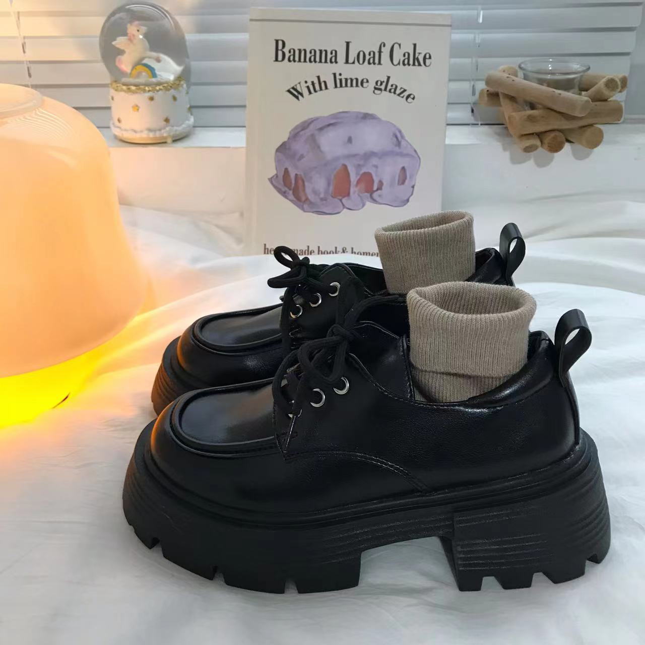 Women Fashion Thick Sole Casual Style Lace Up Leather Loafers Shoes Triple Black Free shipping
