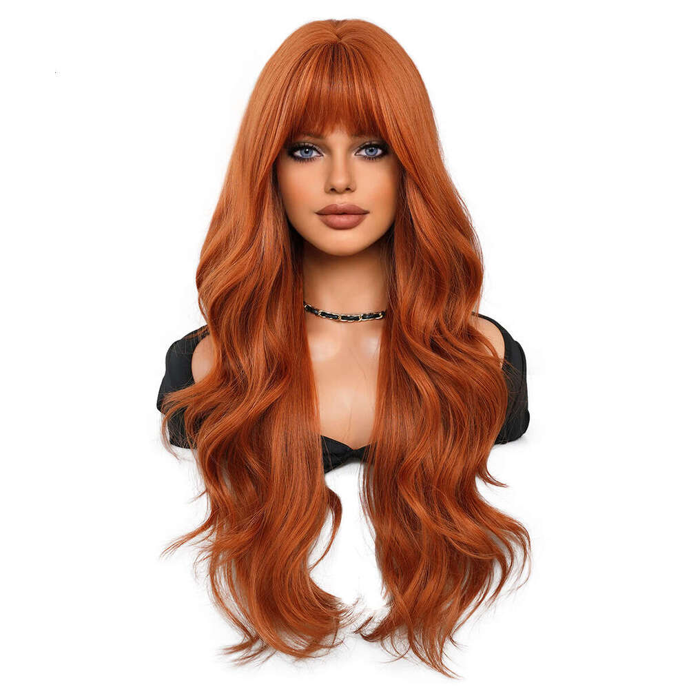 Wig Headband With Bangs, Long Curly Hair, Rose Net Synthetic Wig, Dark Orange Wigs