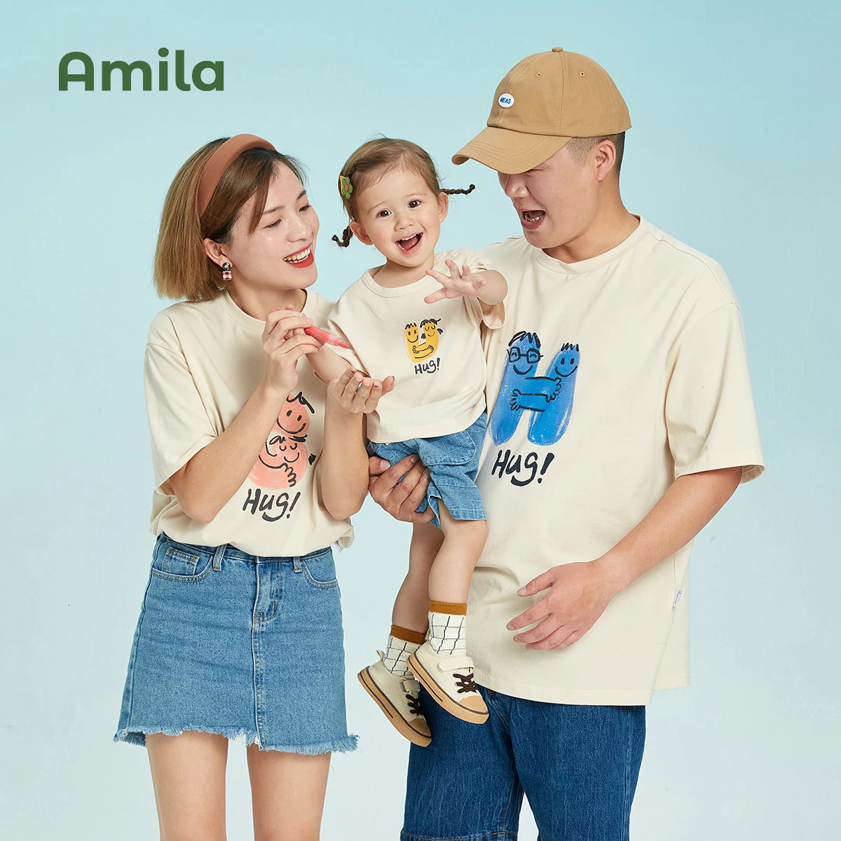 Amila Childrens Cothing Family Hortsleeved Tshirt Parentchild Wear Summer Outing Season Cotton Tops 241017