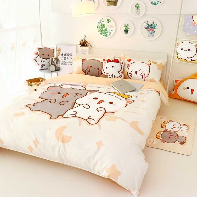 3Pcs Set Kawaii Cat Bed Sheet Bedding Set Soft Comforter Cover Twin Full Queen Size For Girls Bed Sheets and PillowcasesXJ241015