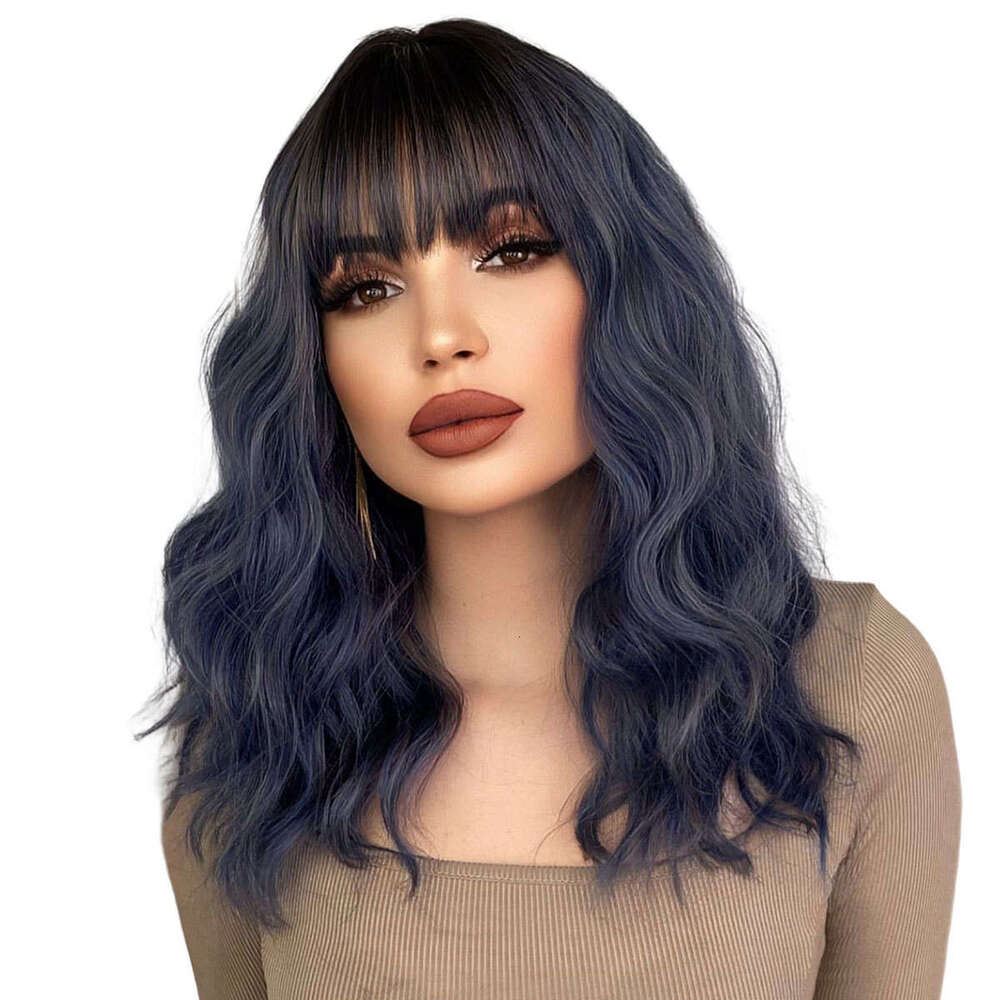 Japanese And Korean Women's Haze Blue Wave Medium Long Curly Hair High Temperature Silk Wig Set Blue Wigs