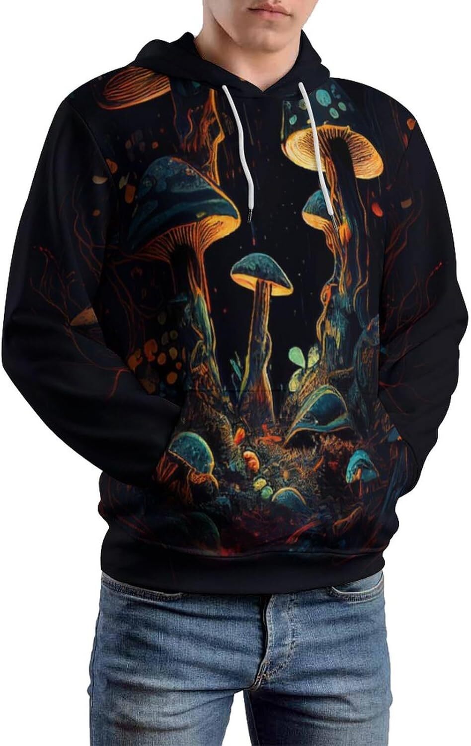 Hoodie for Mens Womens Novelty Rainbow Tie Dyed Mushroom Hoodie Darkness Forest Wild Fungus Mushroom Pattern Long Sleeve Sweatshirt Graphic Hoodies sw